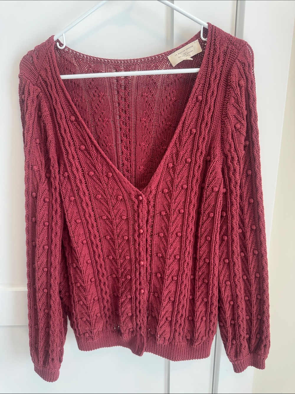 Sezane Burgundy Cable-Knit V-Neck Button Cardigan